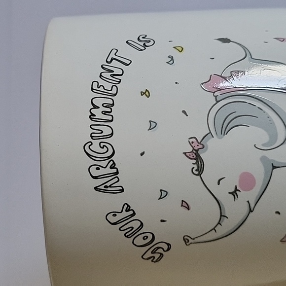 Sweet Elephant Mug. "Your argument is irrelephant". Colors gray and pink - Picture 5 of 9